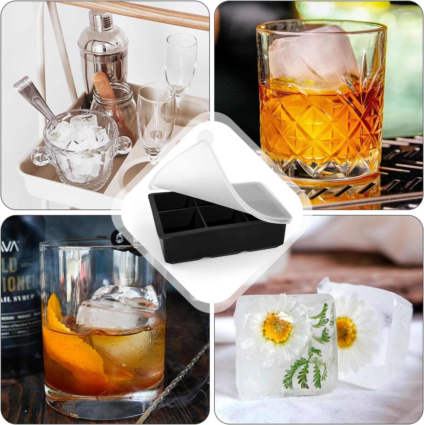 Large Ice Cube Tray with Lids Big Square Silicone Freezer Mold 2inch Huge Cube