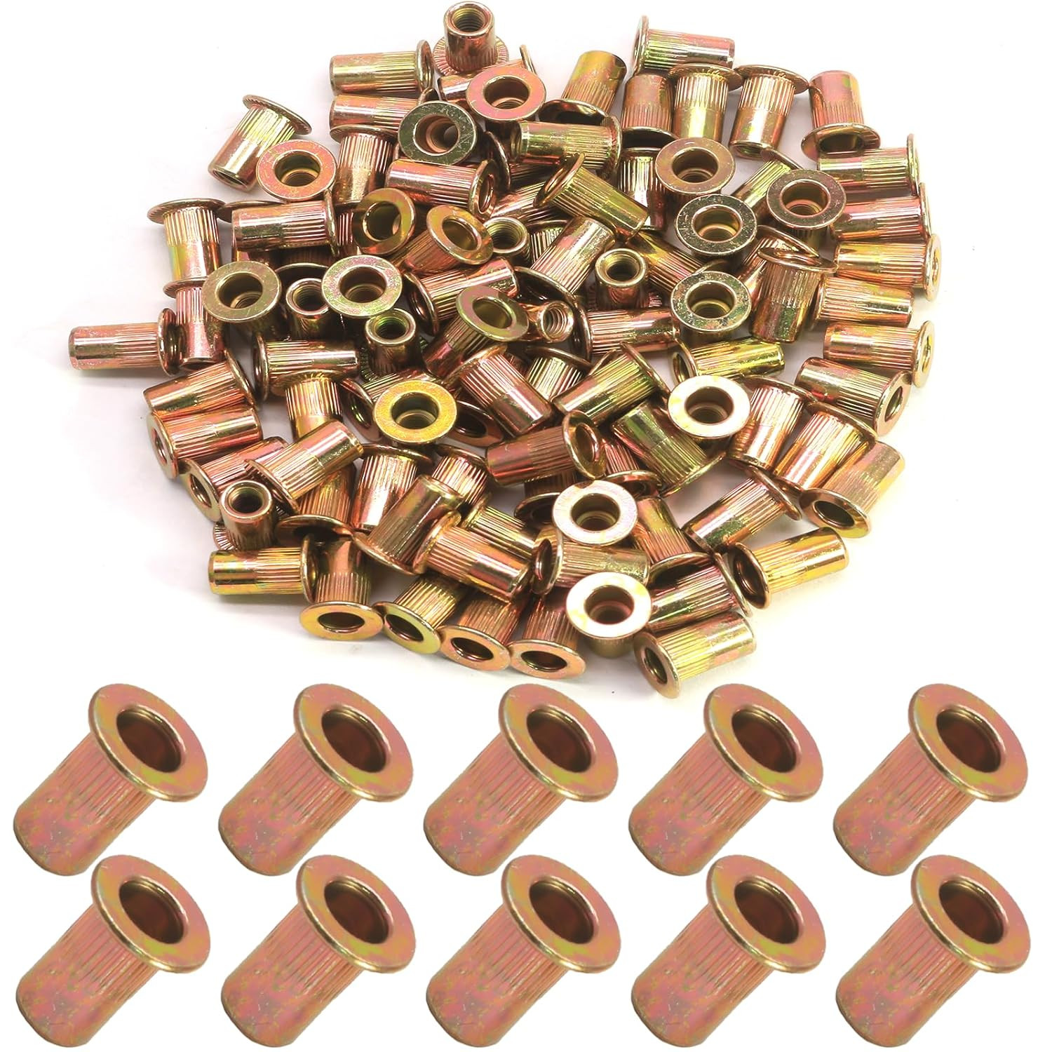 Hordion 100Pcs #10-32 Rivet Nuts, Carbon Steel Rivnut Flat Head Threaded Insert