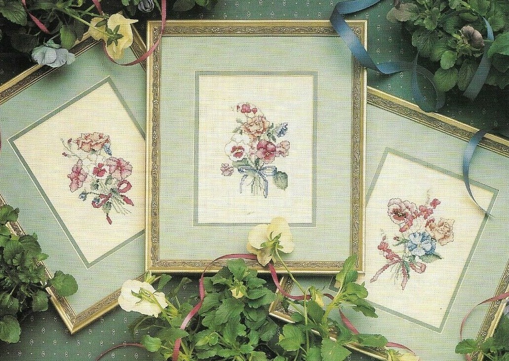VICTORIAN TRIO 3 FLOWER BOUQUETS HOME DECOR CROSS STITCH PATTERN INSTRUCTIONS