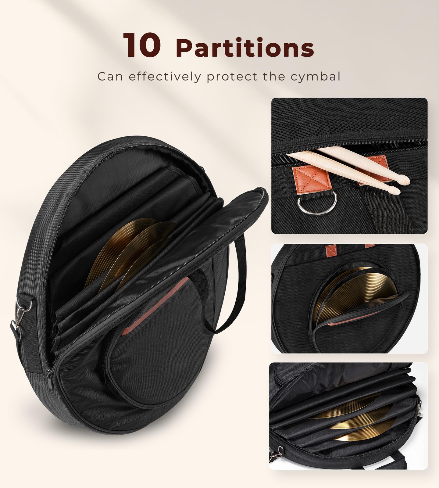 22" Cymbal Bag with Dividers, 10-Pack Cymbal Case 10mm Padded Cymbal Gig Bag ...