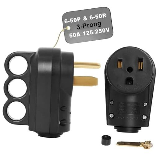 50 Amp Female 6-50P Plug & 6-50R Receptacle Set for RV, EV Charger, Black