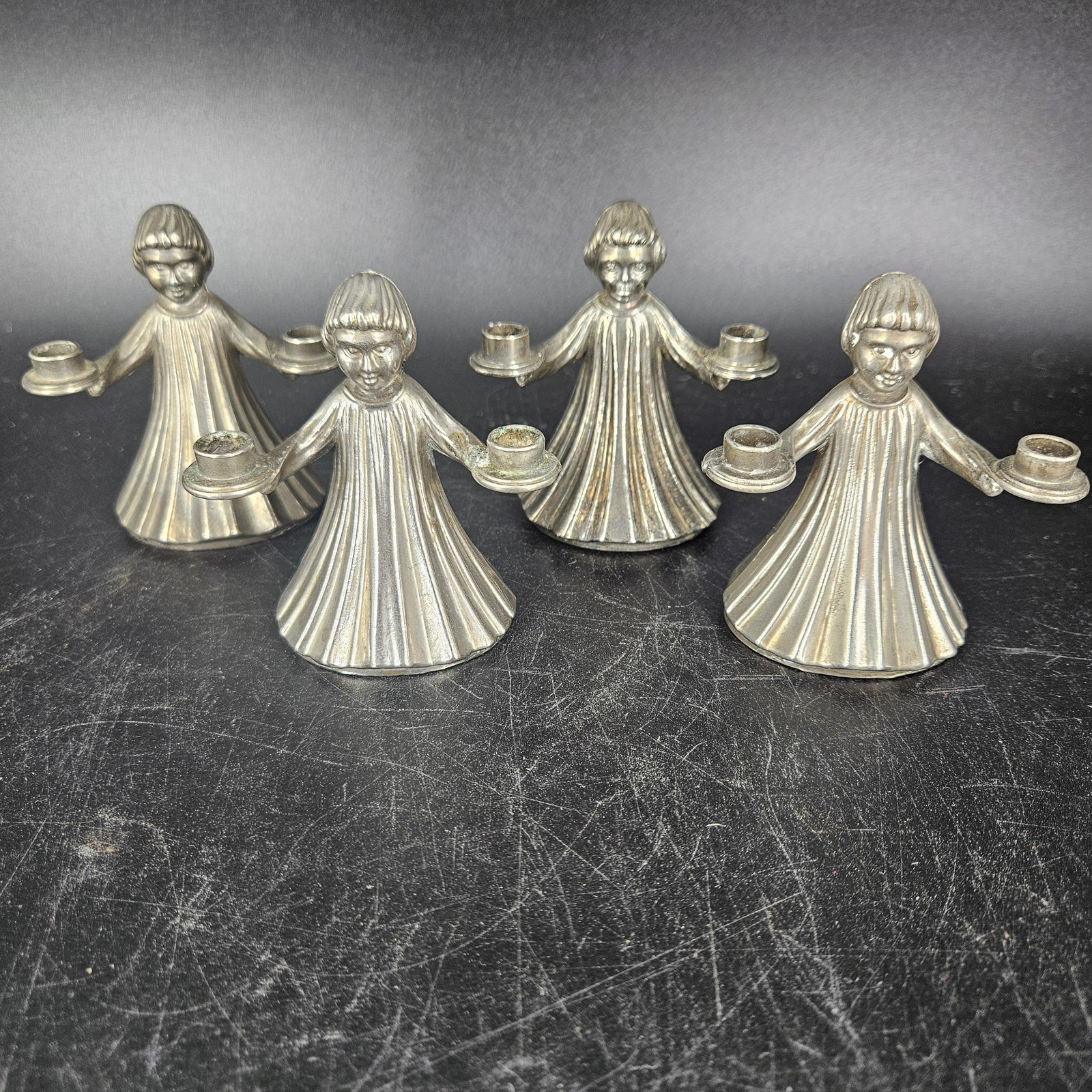 Italian Figural Child Mini Candle Holders Set of 4 Twin Arm Silver Tone Metal 3"