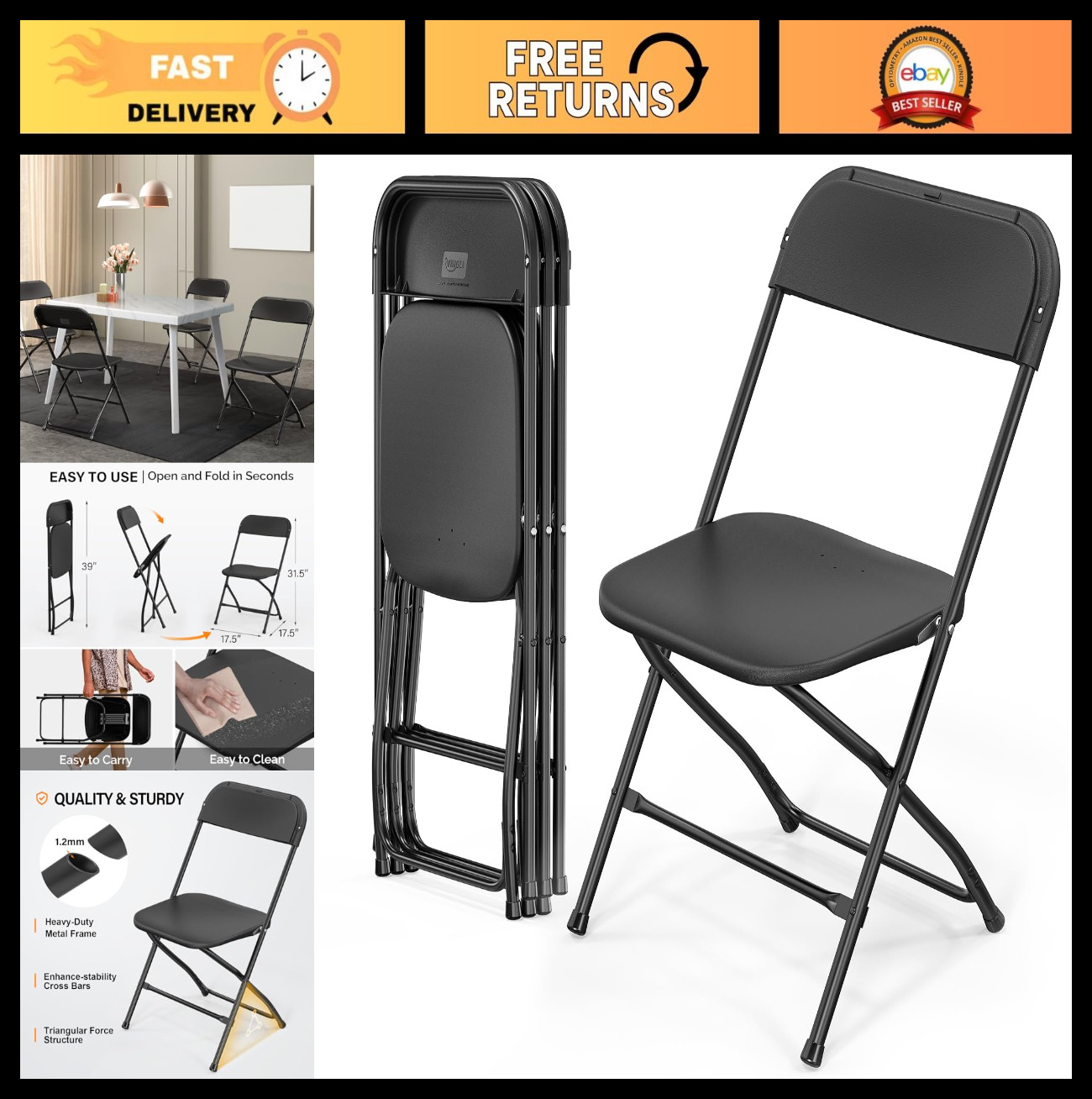 4 Pack Black Folding Chairs - Portable Stackable Steel Frame, 350lb Capacity for