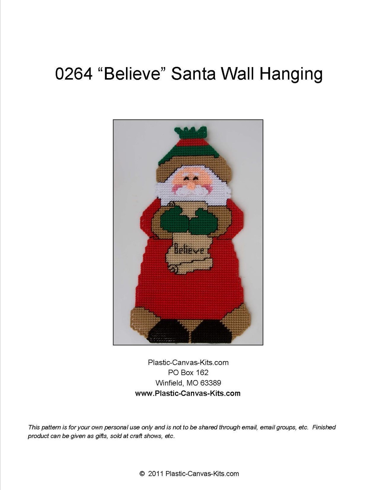 "Believe" Santa Wall Hanging-Christmas-Plastic Canvas Pattern or Kit