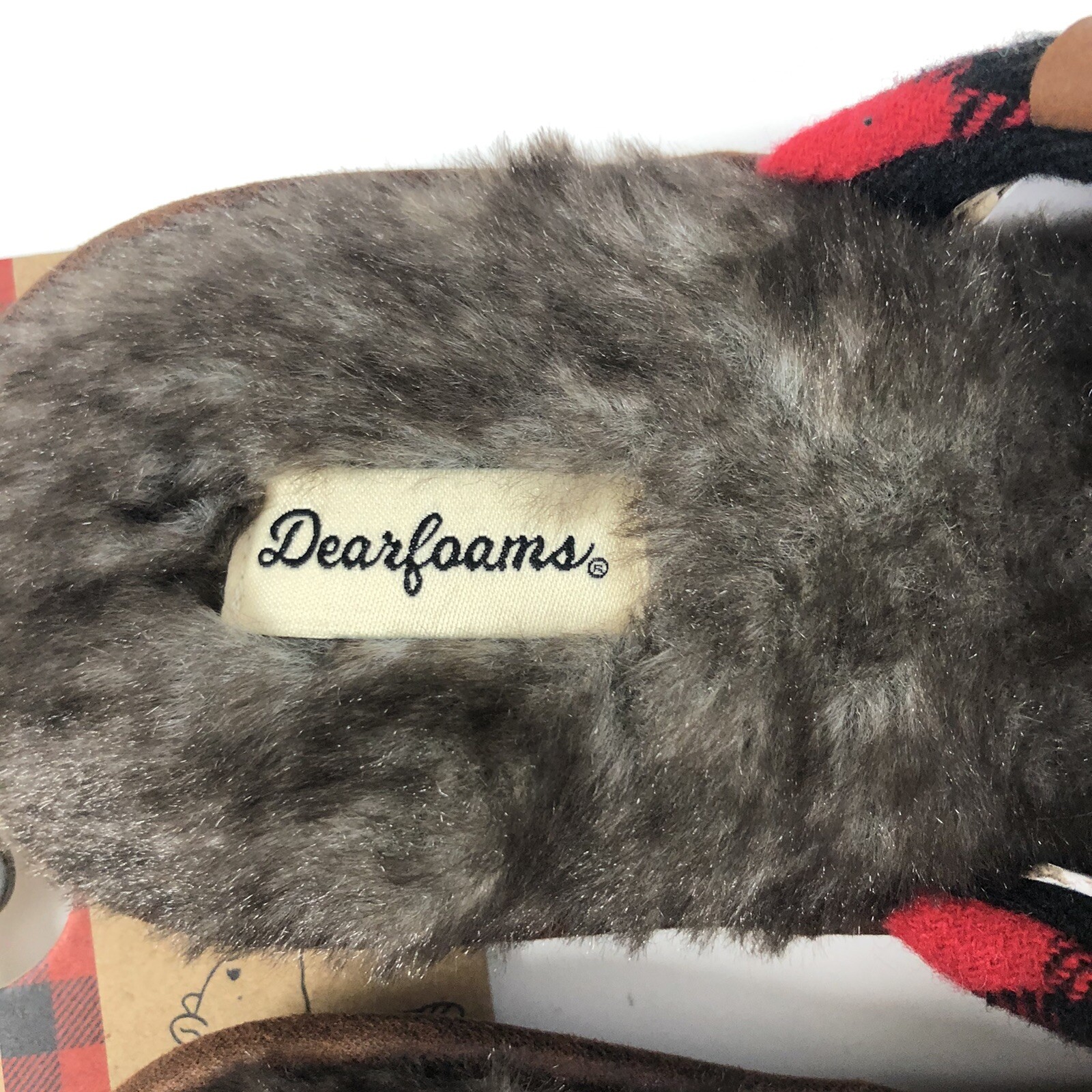DEARFORMS Men’s Slippers Size Small (7-8) Red Plaid “PAPA BEAR” Memory Foam