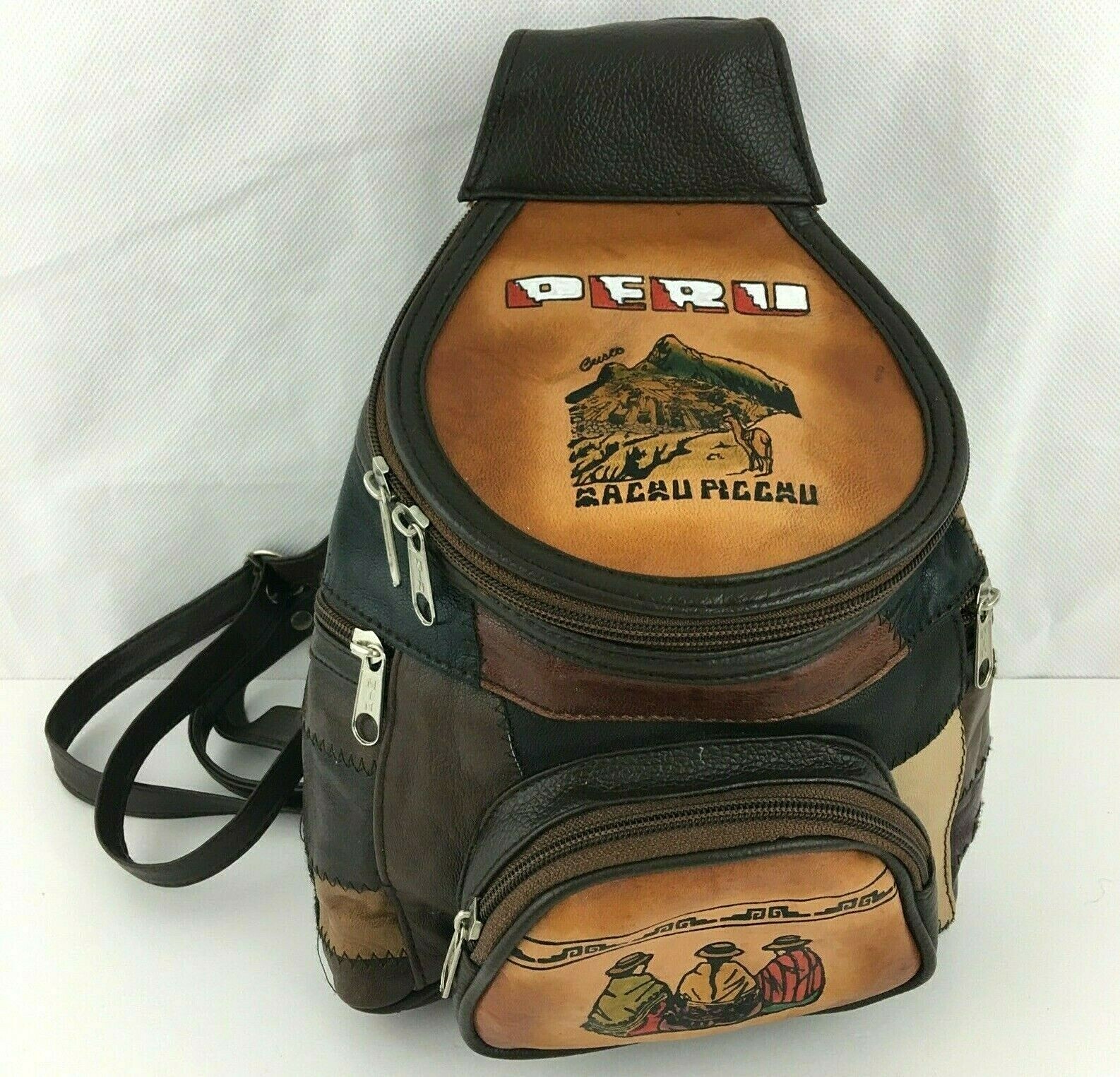 Peru Machu Picchu Leather Patch Work Adjustable Straps Backpack Purse
