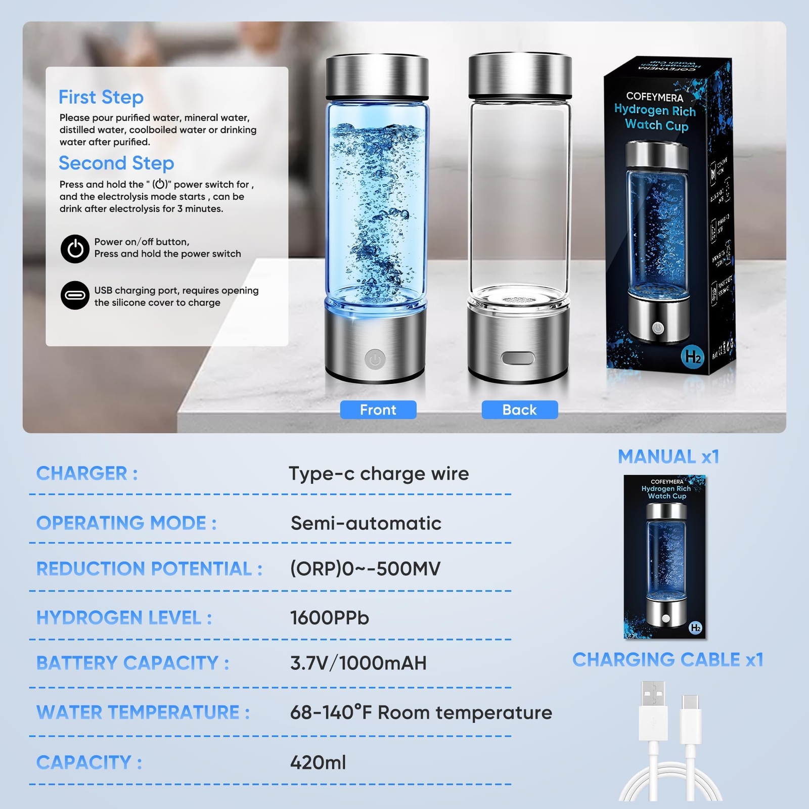 Upgraded Hydrogen Water Bottle, Version Ion Membrane Hydro Bottle -SPE & PEM, Hy