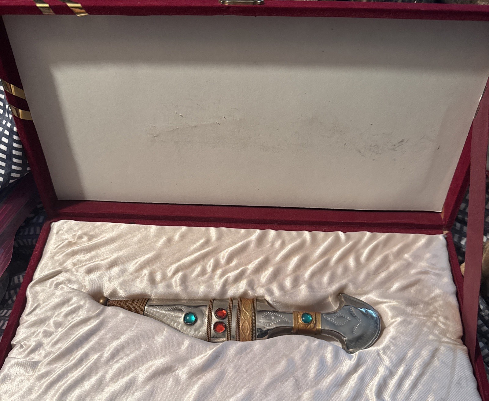 Vintage Middle Eastern Brass Dagger Knife Jeweled Sheath Arabic Script