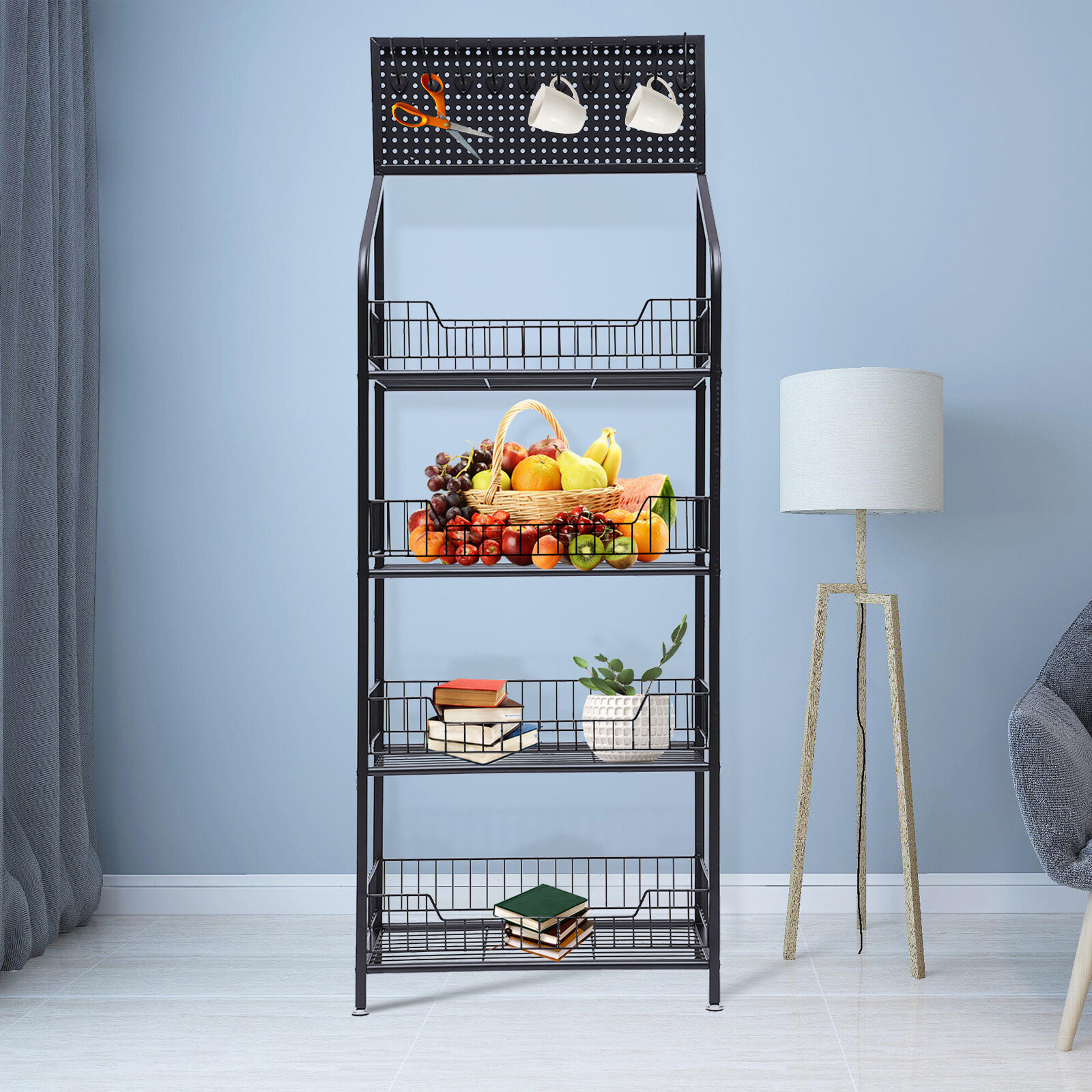 4-Tier Metal Baker's Rack With Locking Wheels, Wine Rack & 5 Hooks