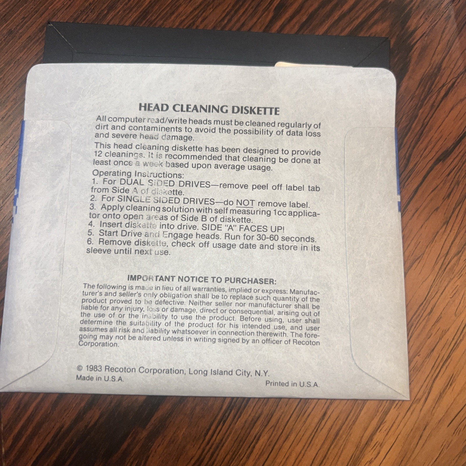 5 1/4" Head Cleaning Disk Old Stock Rare 1983