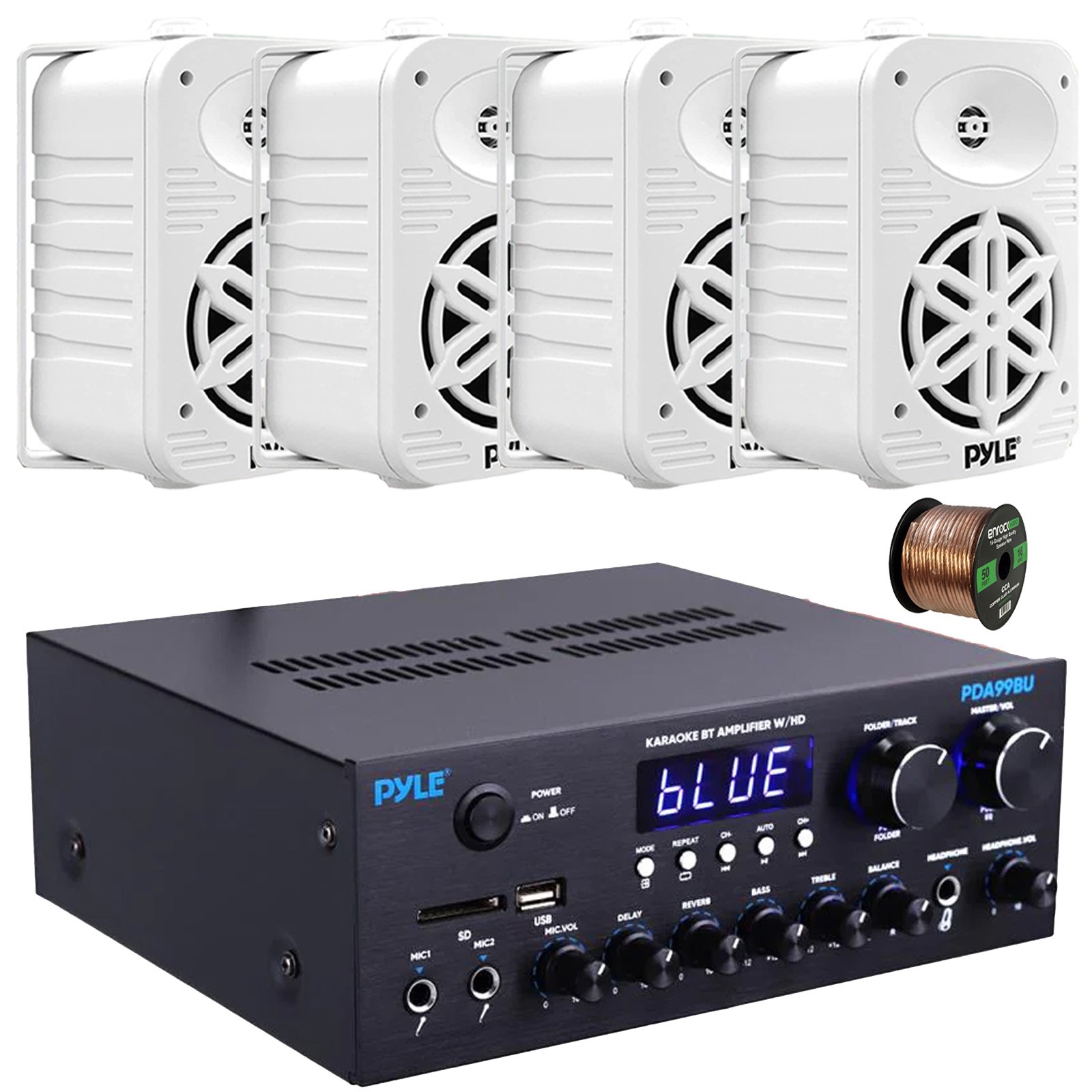 Pyle PDA99BU Bluetooth USB FM Receiver, 4x 5.25" 500W Max White Speakers, Wire