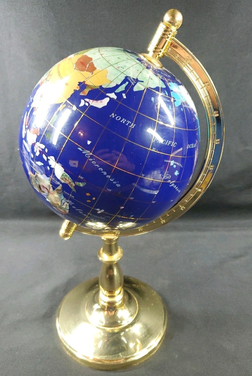 Gemstone World Globe 13” Inlaid w/ Semi-Precious Art Decor Desktop Gems **