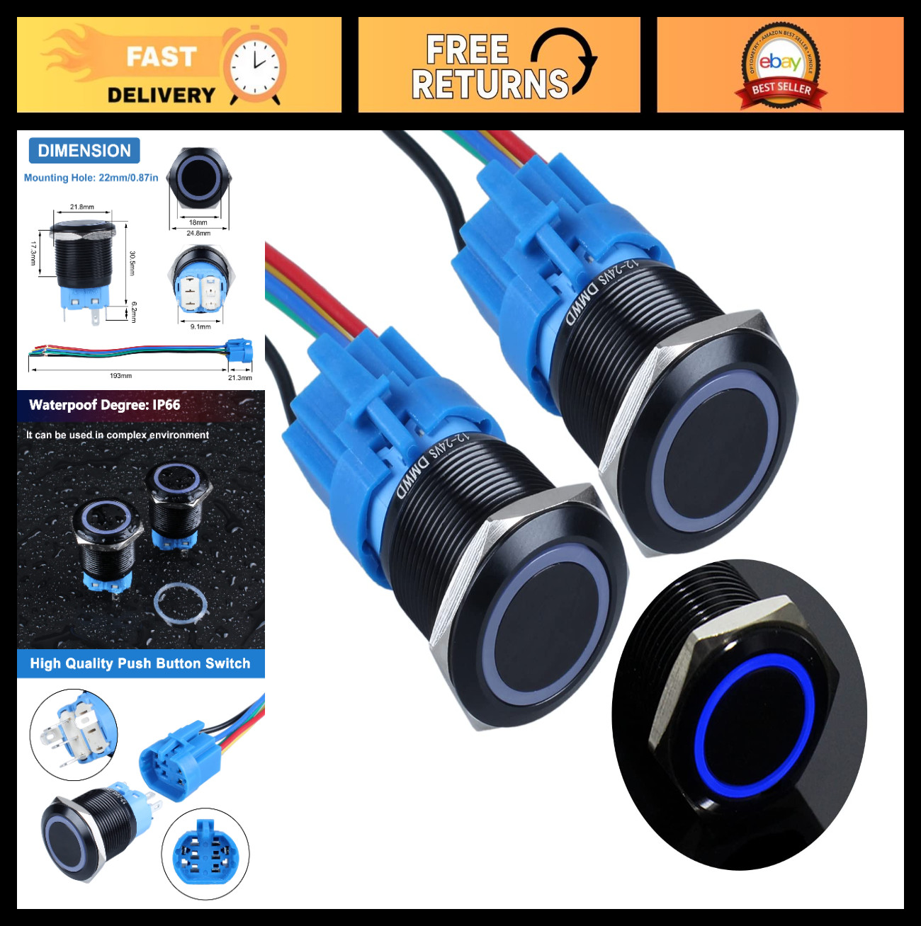 2PCS Waterproof Metal Push Button Switch 22mm Anti-Vandal Black Shell 12V-24V ON