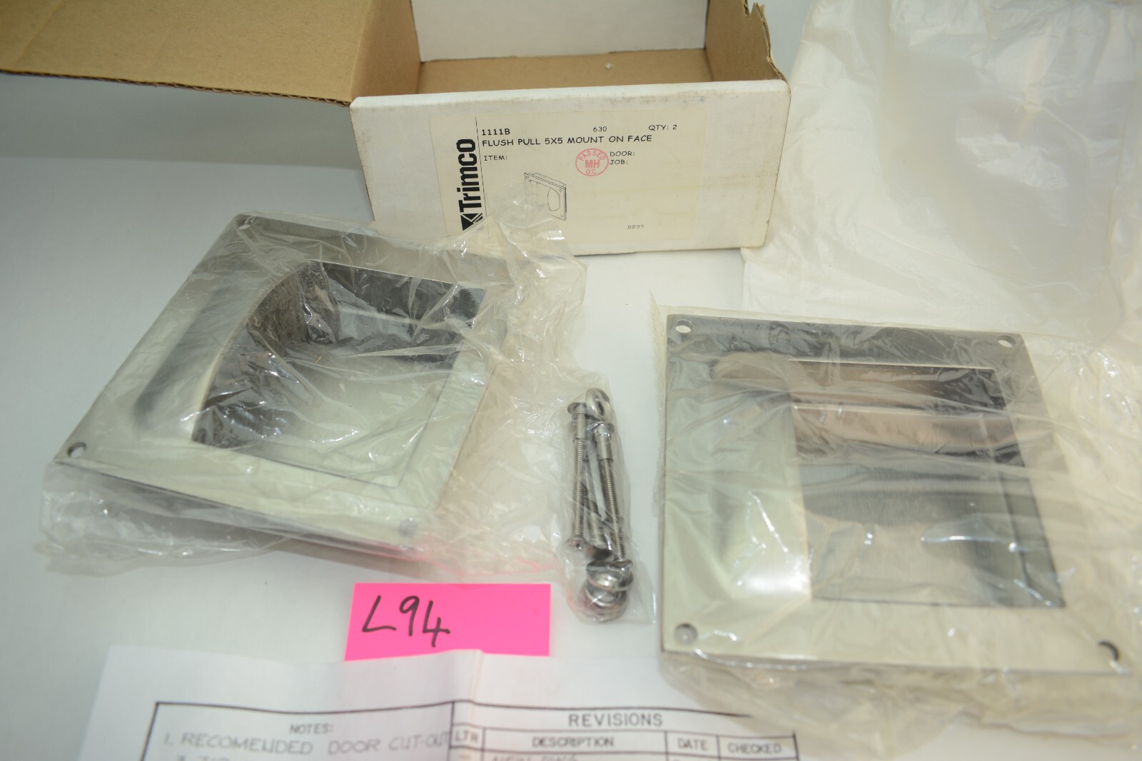 2pc Trimco 1111B-630 Satin Stainless Steel 5" x 5" Flush Pull with Mount In Cup