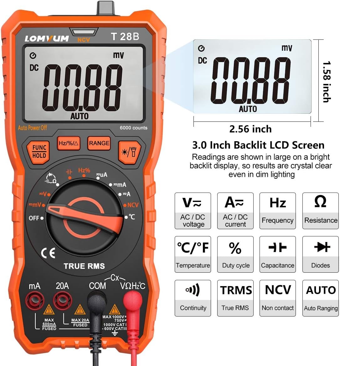 Lomvum Digital Multimeter, 6000 Counts Electrical Tester AC/DC E, Orange