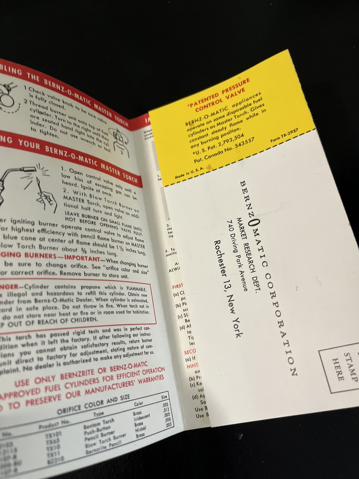 BERNZOMATIC CORPORATION MASTER TORCH OPERATING INSTRUCTIONS ORIGINAL JB117