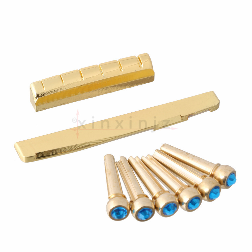 Set Brass Acoustic Guitar Bridge Pins 72mm Saddle Nut Brass Material Blue