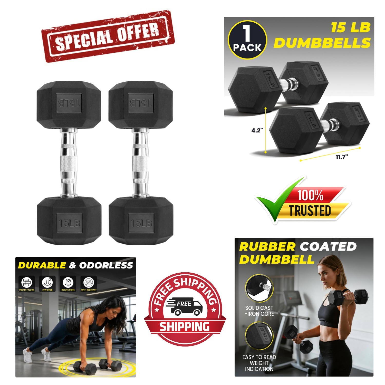 Versatile 15 lb Rubber Coated Hex Dumbbells - Floor Protection & Easy Grip Pair