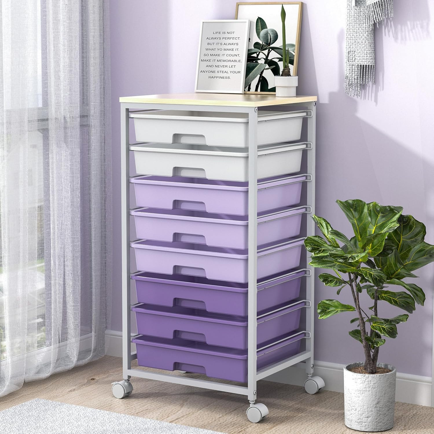 Rolling Cart with Drawers,Utility Cart with 8 Drawers and Wooden Tabletop for Li