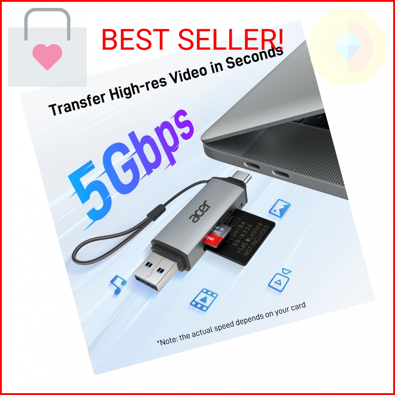 acer SD Card Reader USB C, Dual Slots USB 3.0 Type C to Micro SD Card Adapter, M