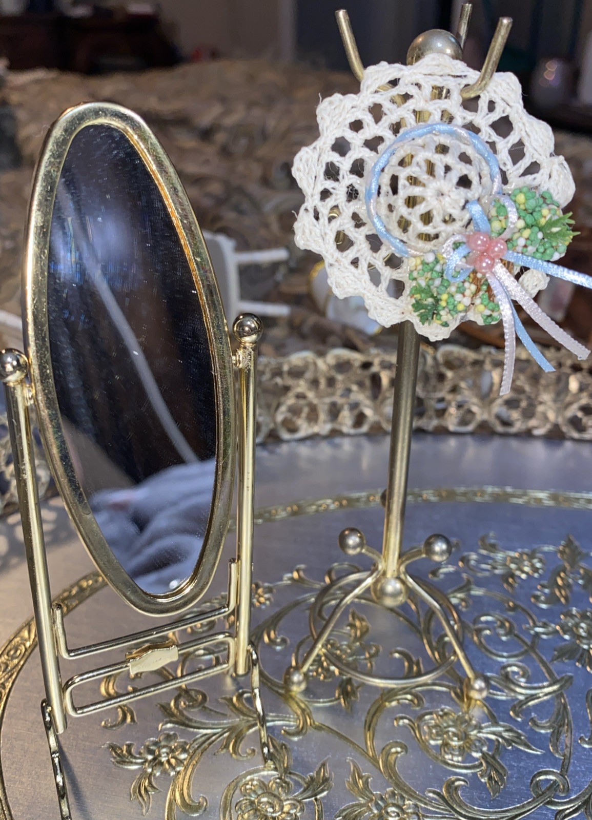 Dollhouse Miniature Lot Cheval Mirror Full Length Stand Coat Hanger Hat Vtg 1:12