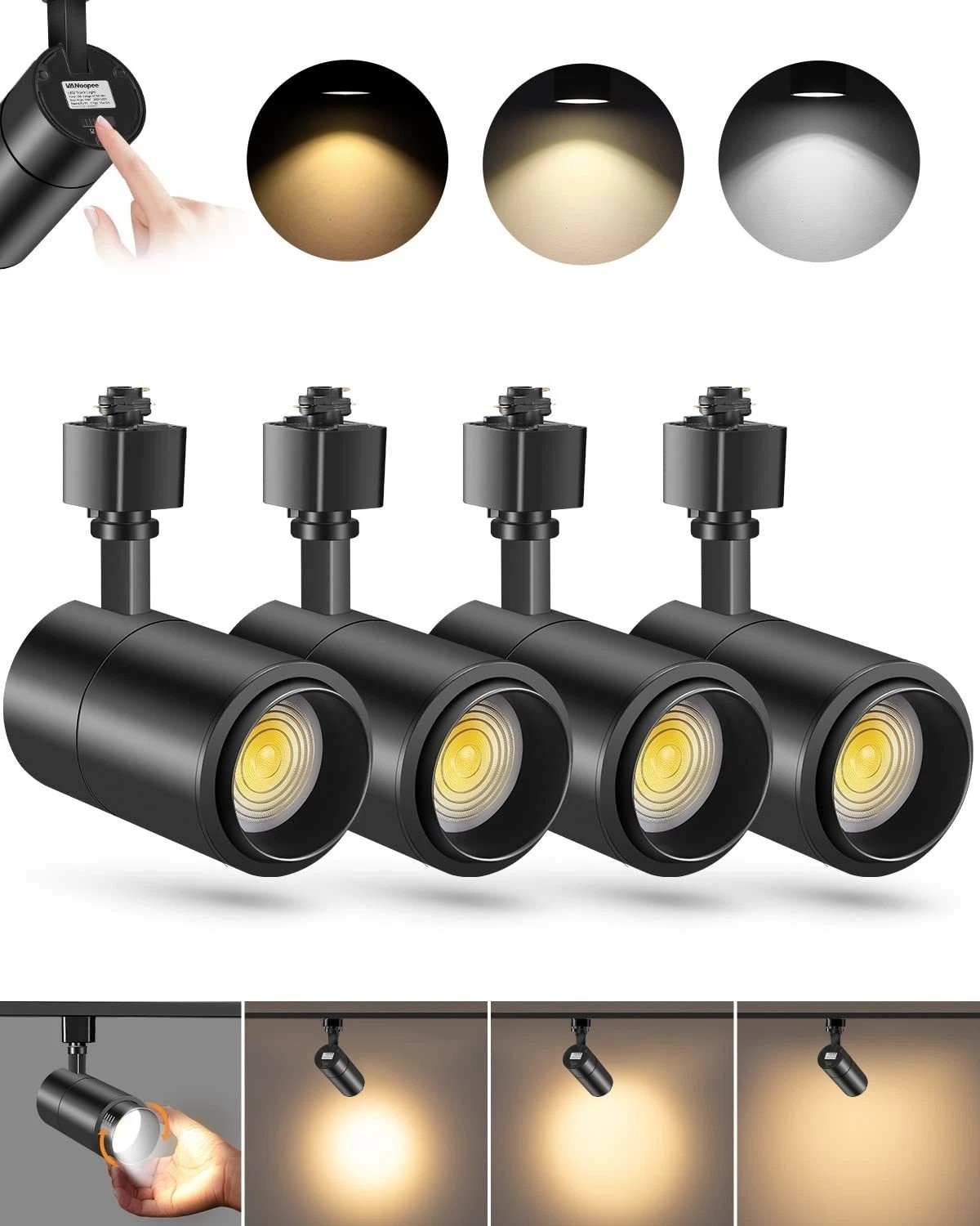 VANoopee 30W 3-Color Zoomable Dimmable LED H Track Lighting Heads (set of 4)