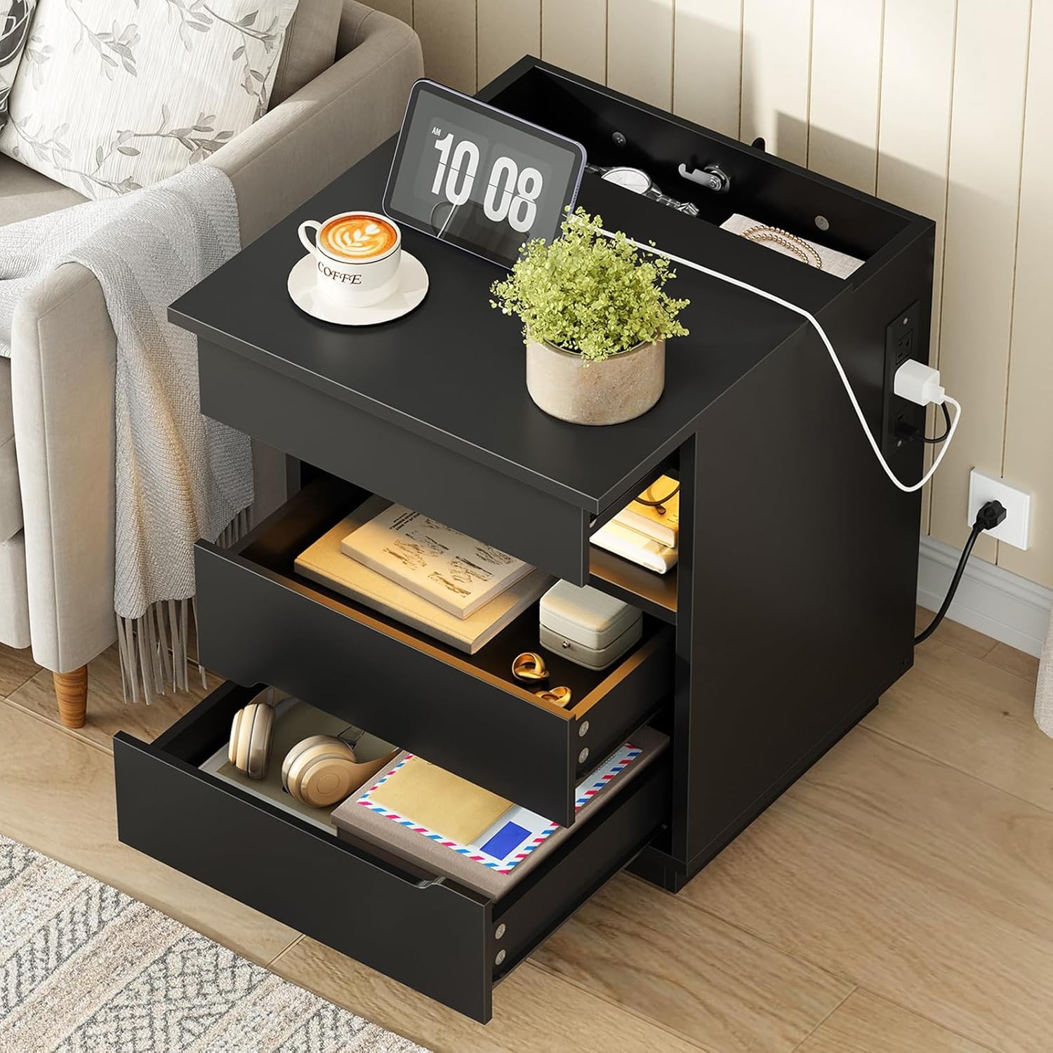 LED Nightstand with Charging Station Drawers Black