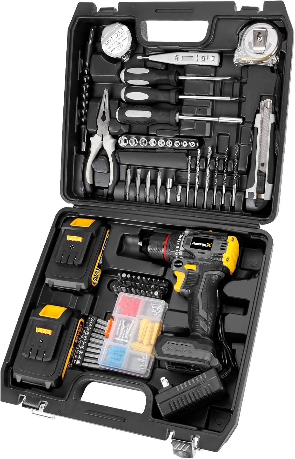 Complete 135 pcs Brushless Drill Tool Set - 20V, 2 Lithium Batteries Included