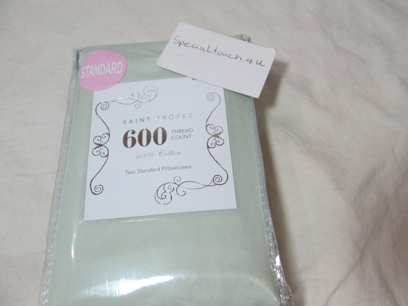 New Saint Tropez 600 Thread Count Two Cotton Standard Pillowcases - Sage NIP