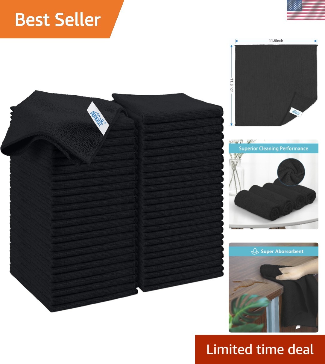 Reusable Black Microfiber Cleaning Towels, 50 Count- Scratch-Free, 11.5"x11.5"