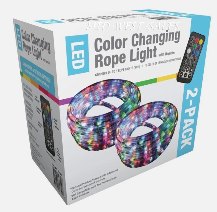 18ft LED Color Changing Rope Light with Remote, 2-pack