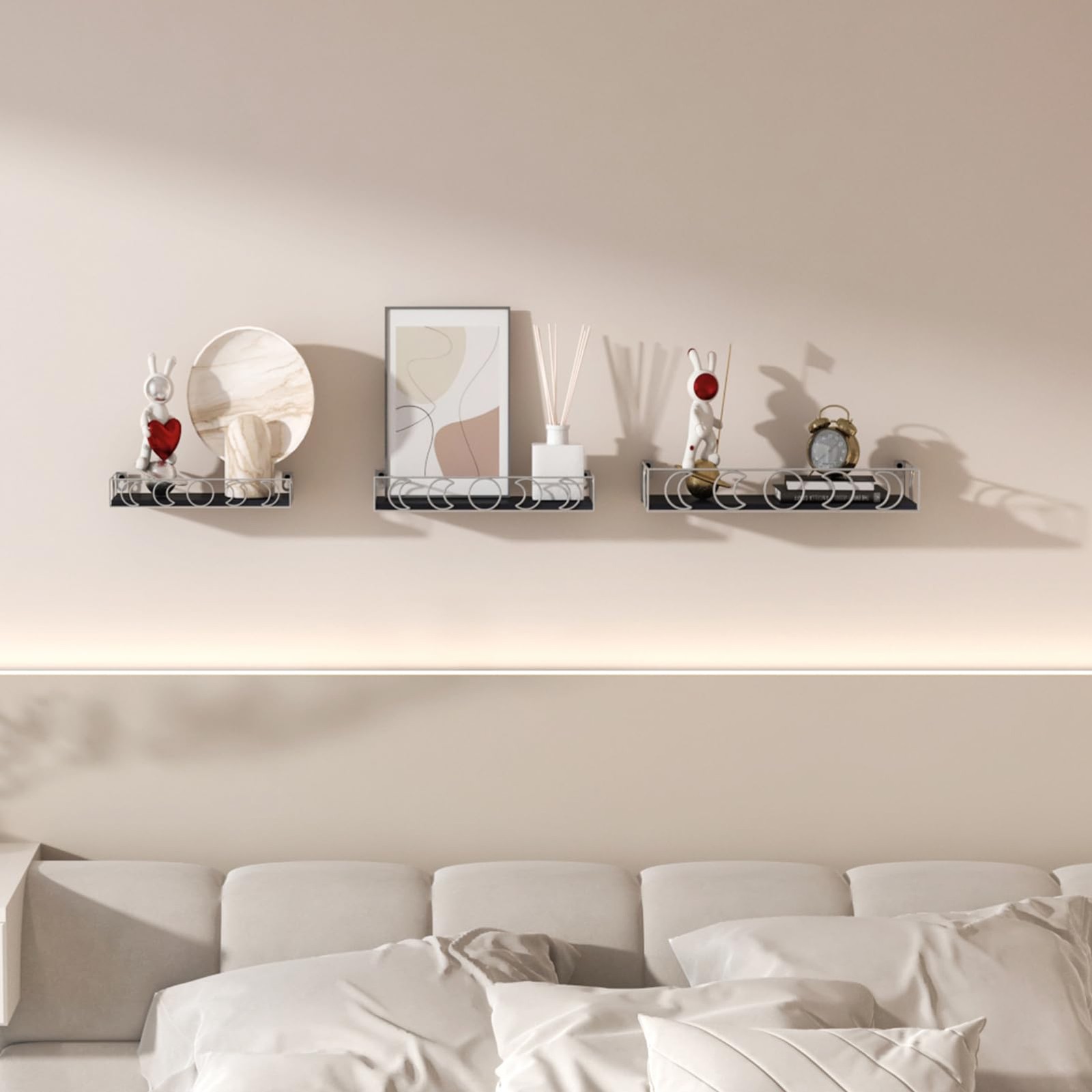 Moon Phase Small Floating Wall Shelves 3-Pack, Black Silver Decorative Display