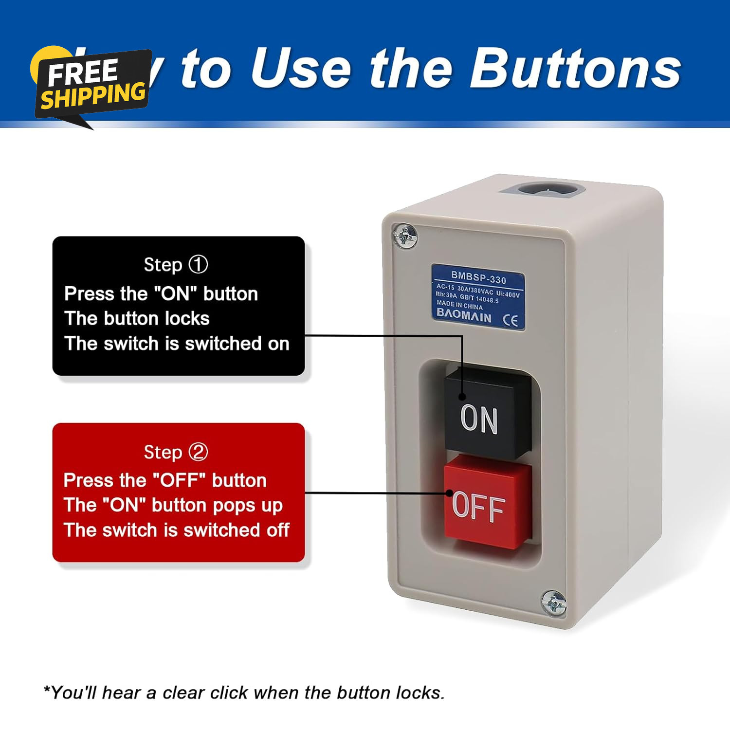 Self-Locking Push Button Switch 3-Phase 30A 3.7KW, Industrial 3-Pole Heavy Duty