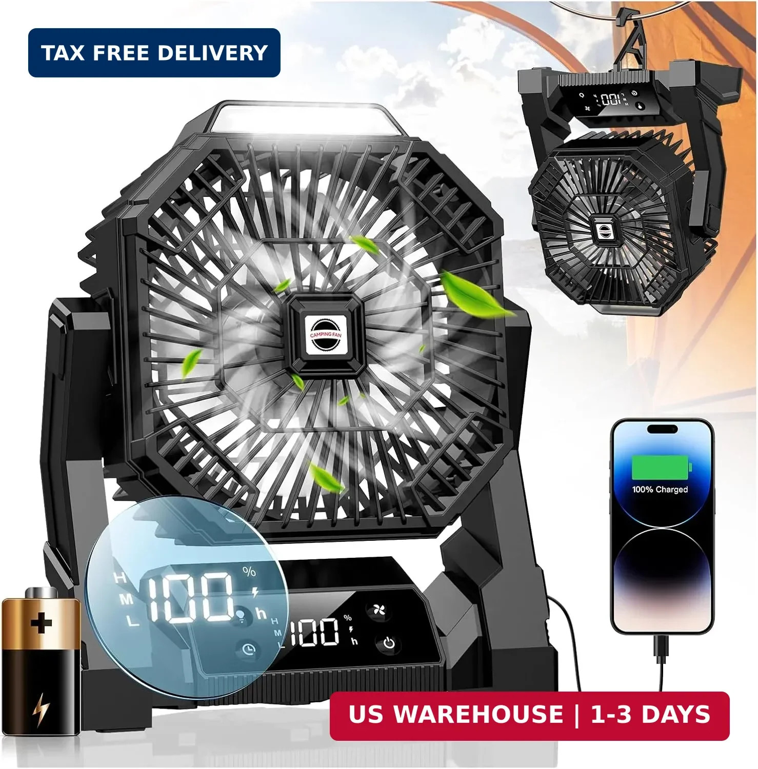 Portable Camping Fan with LED Lantern, 30000mAh Rechargeable Battery Operated Fa