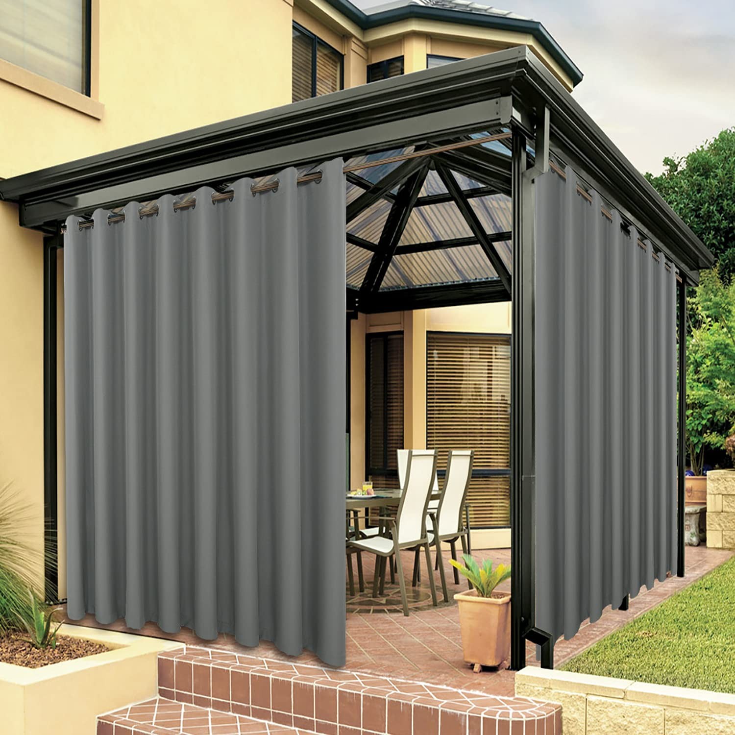 BONZER Waterproof Outdoor Curtain, 110"x108" Grey, Patio Porch Pergola Privacy