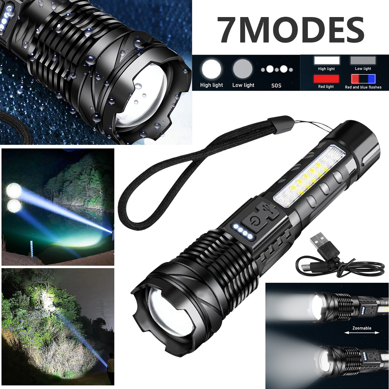 12000000LM Super Bright Telescopic Zoom Flashlight Rechargeable 3Color Light