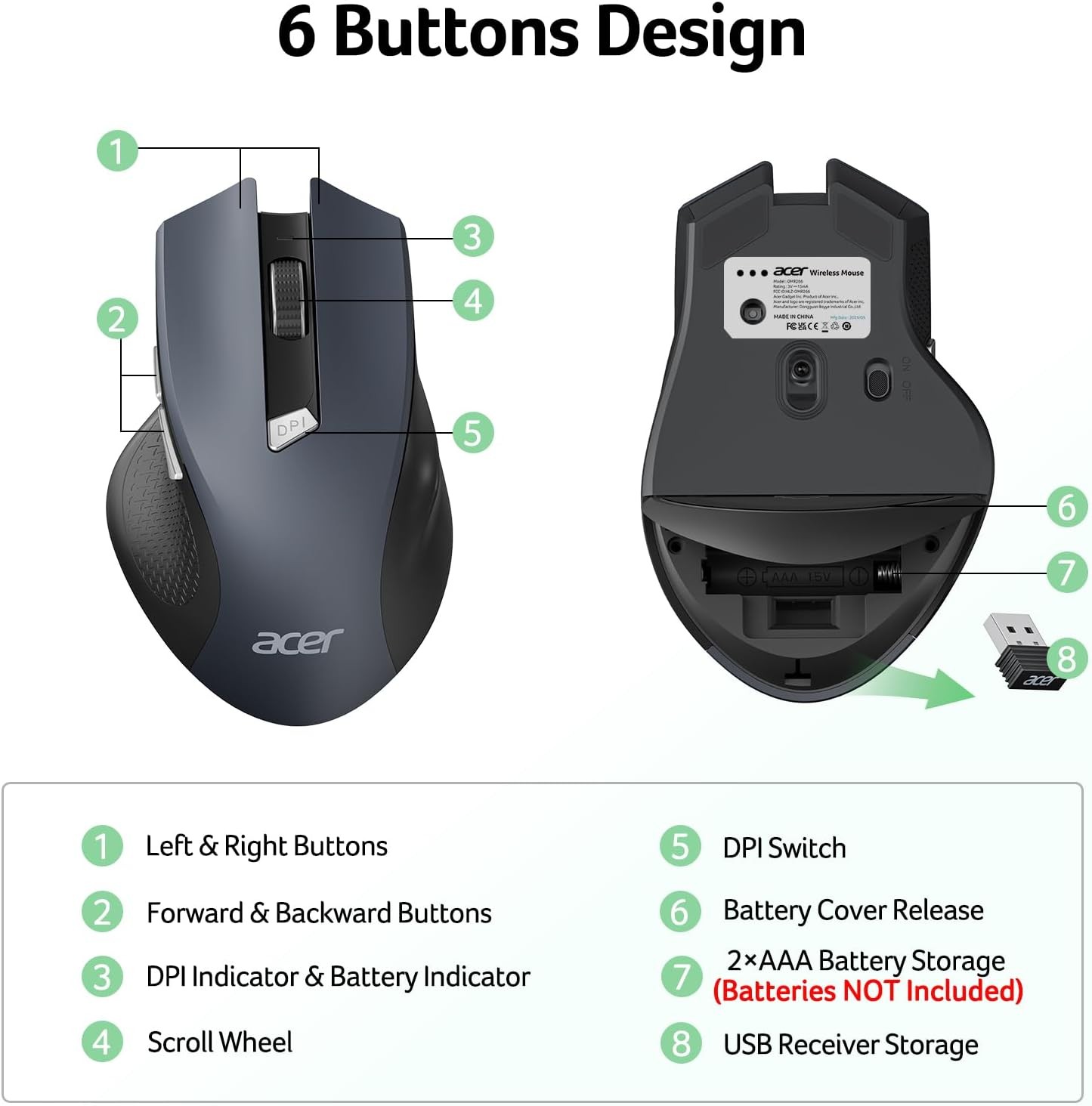 acer Wireless Mouse for Laptop 2.4GHz Computer Mouse 3 Adjustable DPI Office