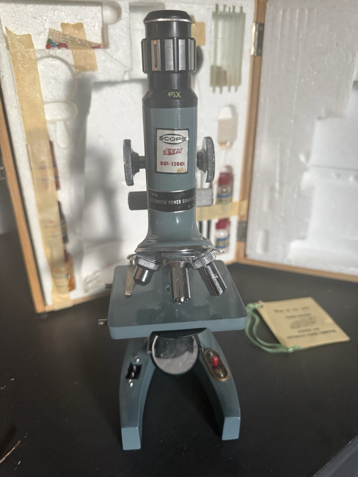 Vintage ZOOM 80x-1200x Microscope, auto Power Computer, Compounds & Solutions