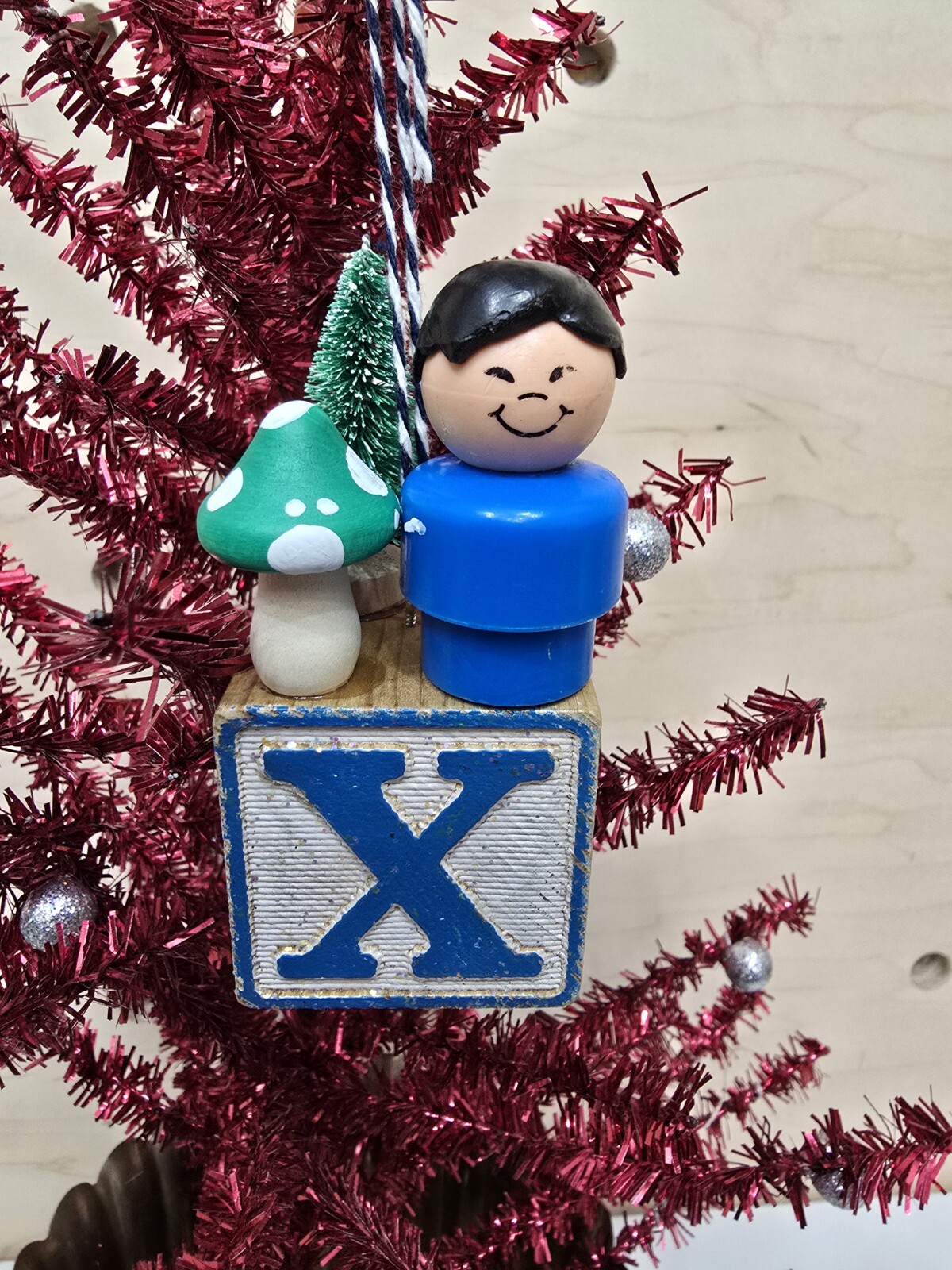 Vintage building block  Fisher Price Little People Christmas Ornament Letter X