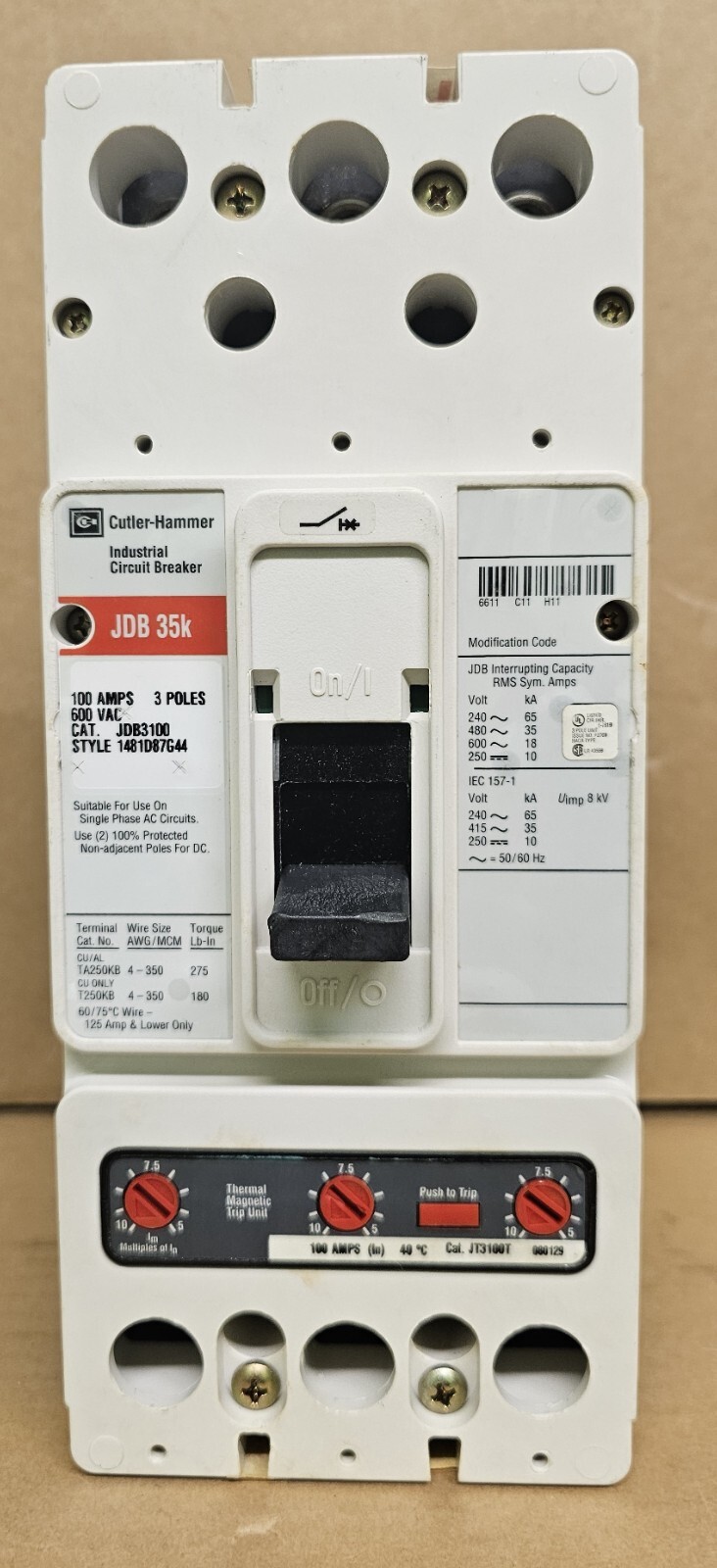 CUTLER HAMMER JDB3100  100A 3P 600V INDUSTRIAL CIRCUIT BREAKER