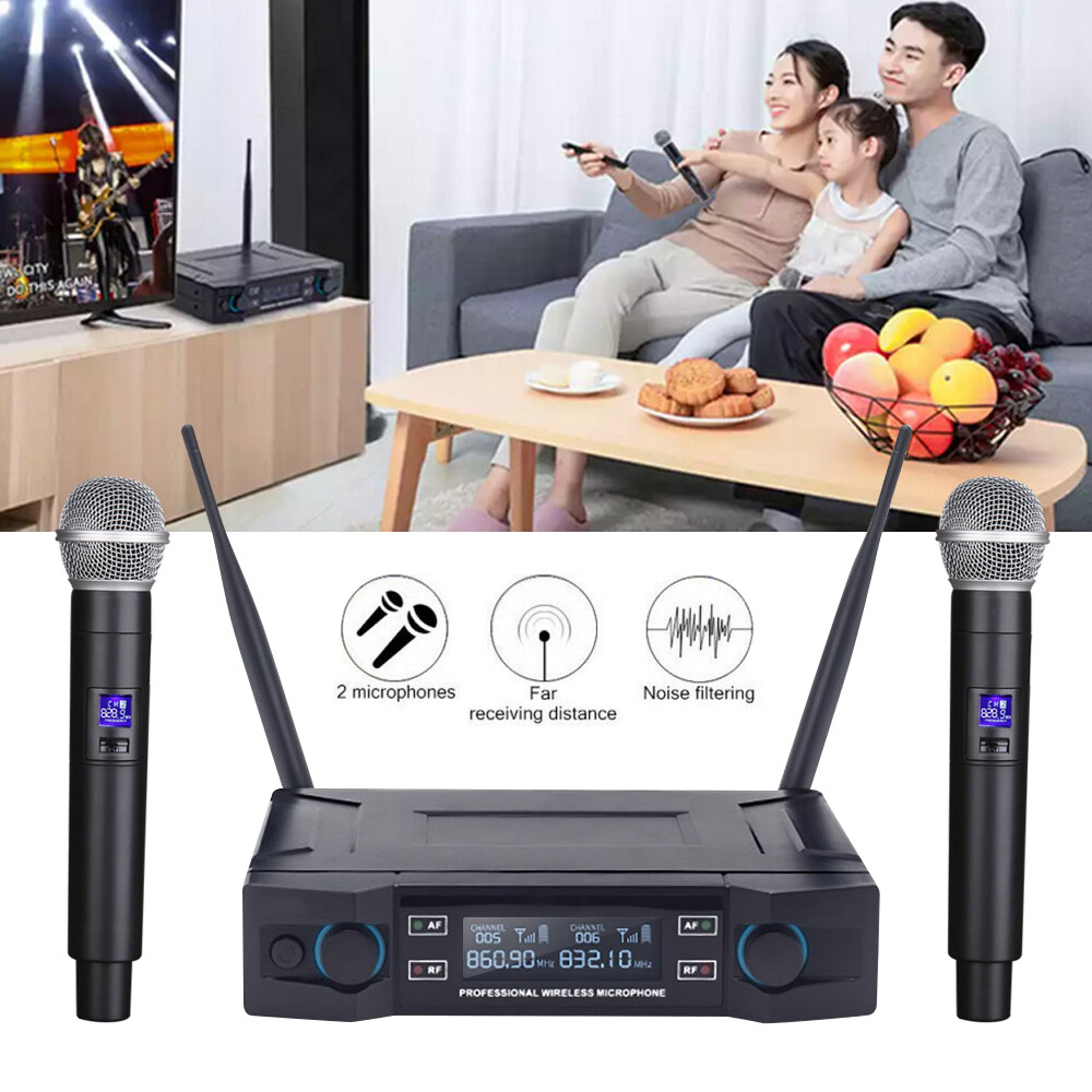 Pro 2 Channel UHF Wireless Dual Microphone Cordless Handheld Mic System For Home