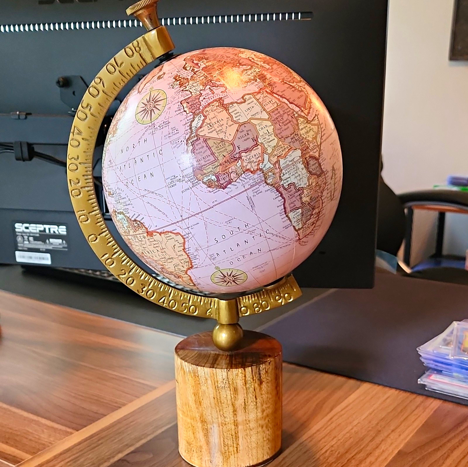 Rotating Tabletop World Globe, Gold Metal Meridian, Wood Base Stand 16 Inch