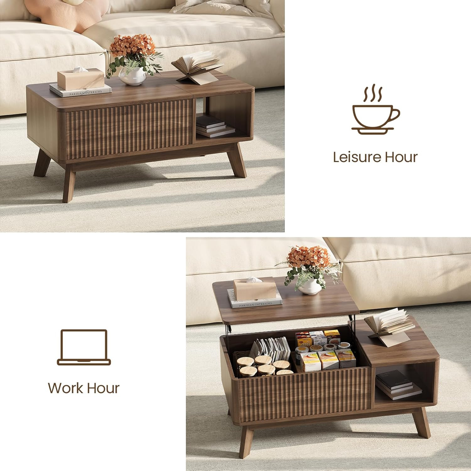 Fluted Coffee Table with Hidden Storage,Modern Wood Coffeetable with Open Shelf,