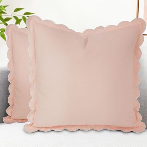 Scalloped Pillow Covers,Boho Accent Pruffle 18" x 18" (Pack of 2) Peach Pink