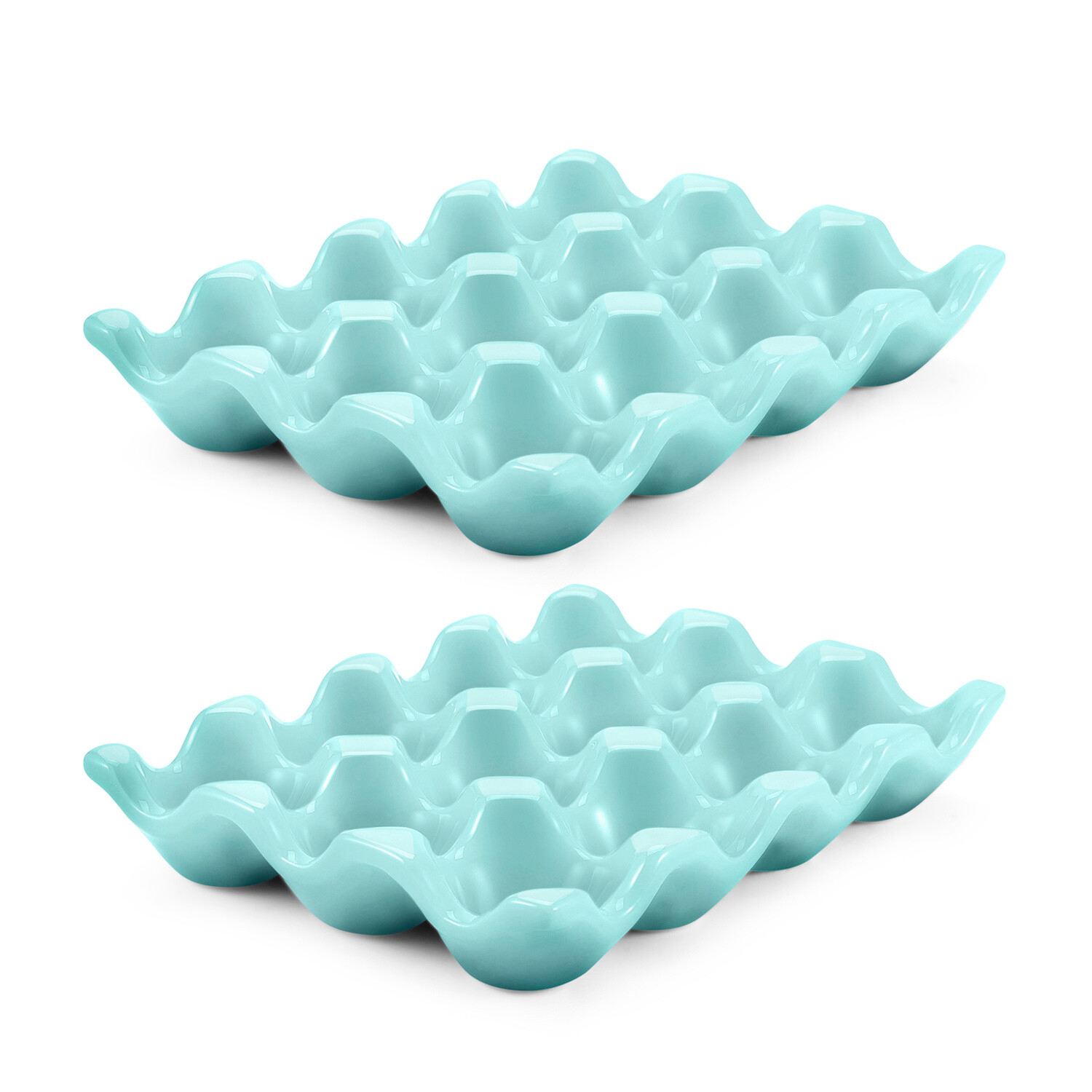 Ceramic Egg Tray 12 + 12 Cups Egg Holder Container for Refrigerator (Blue)