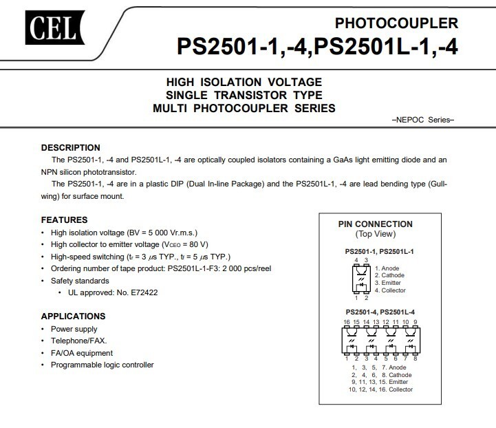 PS2501-4 NEC Transistor Output Optocoupler, 4-Element DIP-16 5000V Isolation IC