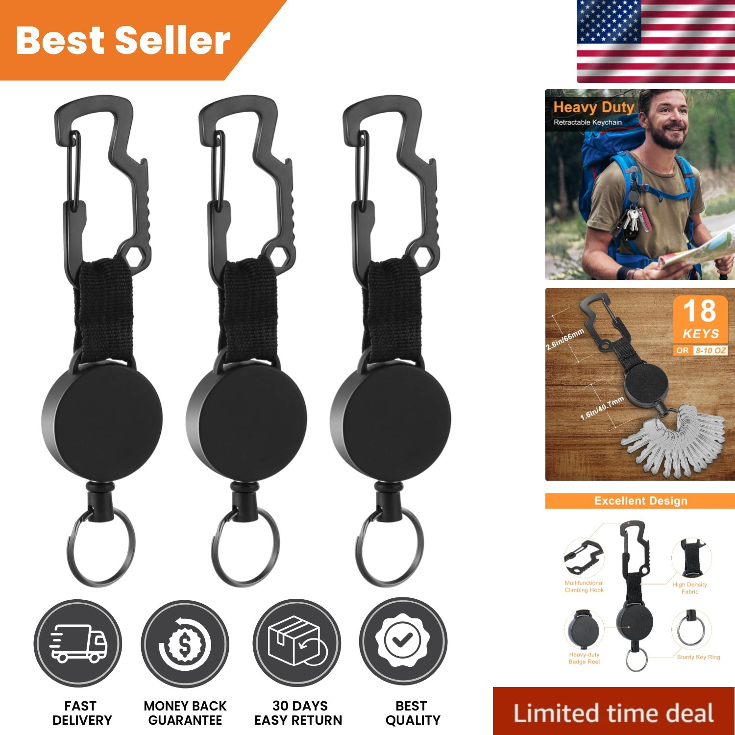 Organize with Style – Retractable Key Chains with Multi-Use Carabiner - 3 Pack