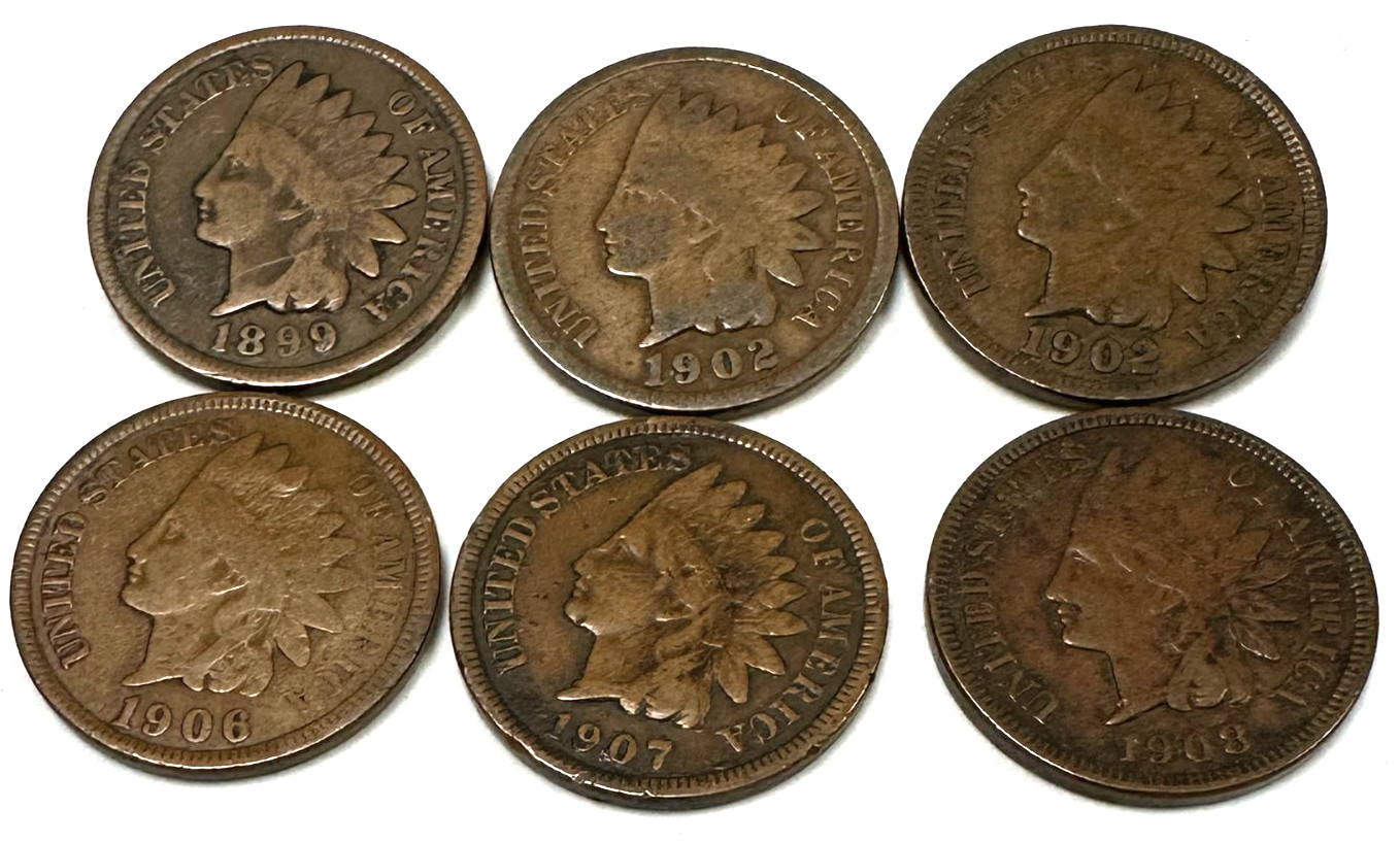 1899-1908 Indian Head Cents - Group of 6 Including 1908-S