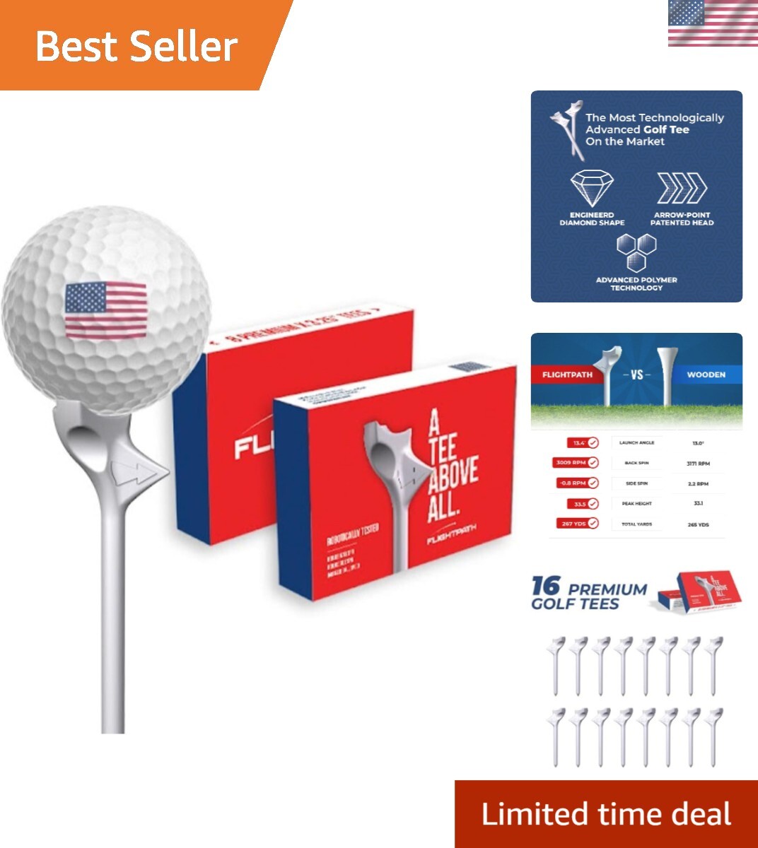Pack of 16 Premium Golf Tees - Engineered for Enhanced Distance & Minimal Spin