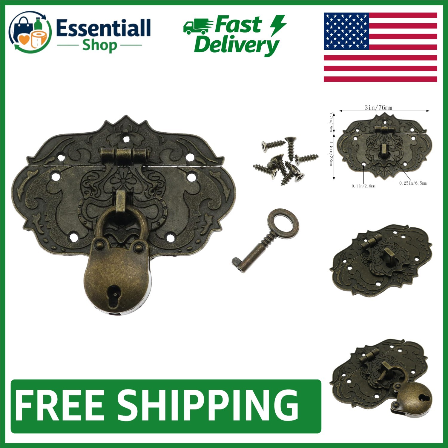 Antique Brass Hasp Lock with Key for Jewelry Boxes & Wooden Furniture (3x1.5 in)